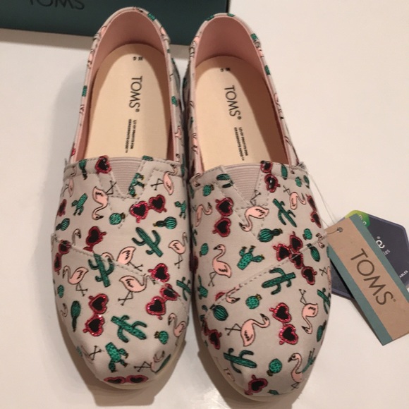 NWT TOM’S ALPARGATA CLOUD GREY FLAMINGO SUMMER VACAY CACTUS PRINT SHOES 6 womens - Picture 3 of 12